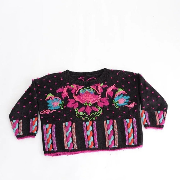Vintage Black Knit with Neon Floral Yarn Design Crewneck Crop Sweater M - Picture 4 of 13